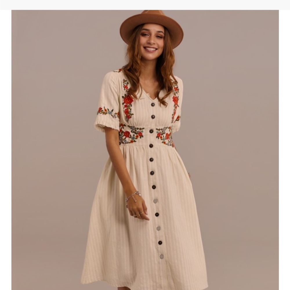 White Half Sleeve V Neck Cotton Embroidered Midi Dress